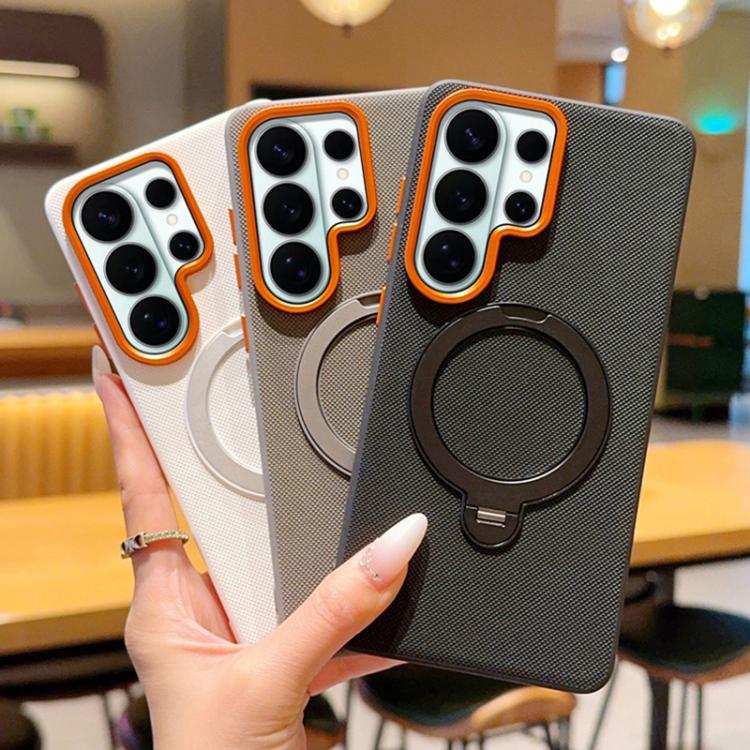 For Samsung Galaxy S26 Ultra 5G Rotating Holder PC + TPU Vegan Leather Magnetic Phone Case