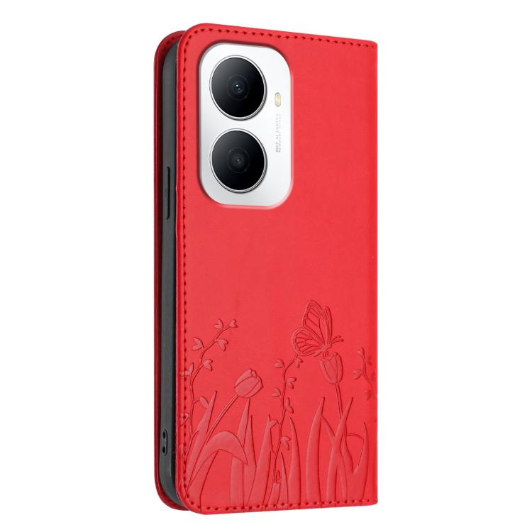 For Huawei Enjoy 80 Plus Tulips Butterfly Pattern Magnetic Vegan Leather Phone Case