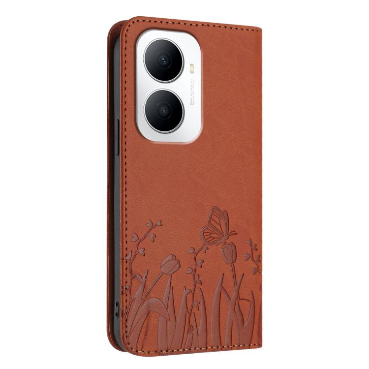 For Huawei Enjoy 80 Plus Tulips Butterfly Pattern Magnetic Vegan Leather Phone Case