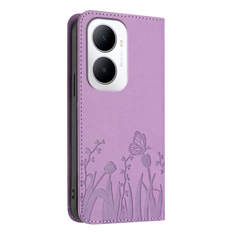 For Huawei Enjoy 80 Plus Tulips Butterfly Pattern Magnetic Vegan Leather Phone Case