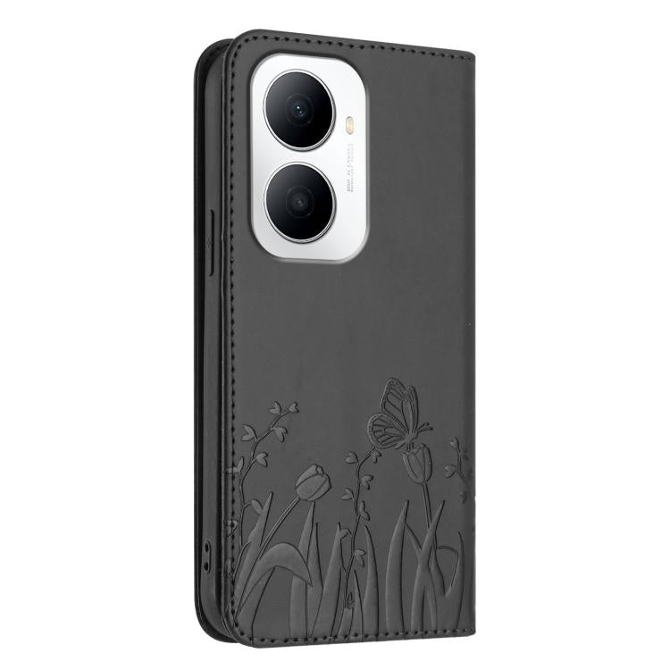 For Huawei Enjoy 80 Plus Tulips Butterfly Pattern Magnetic Vegan Leather Phone Case