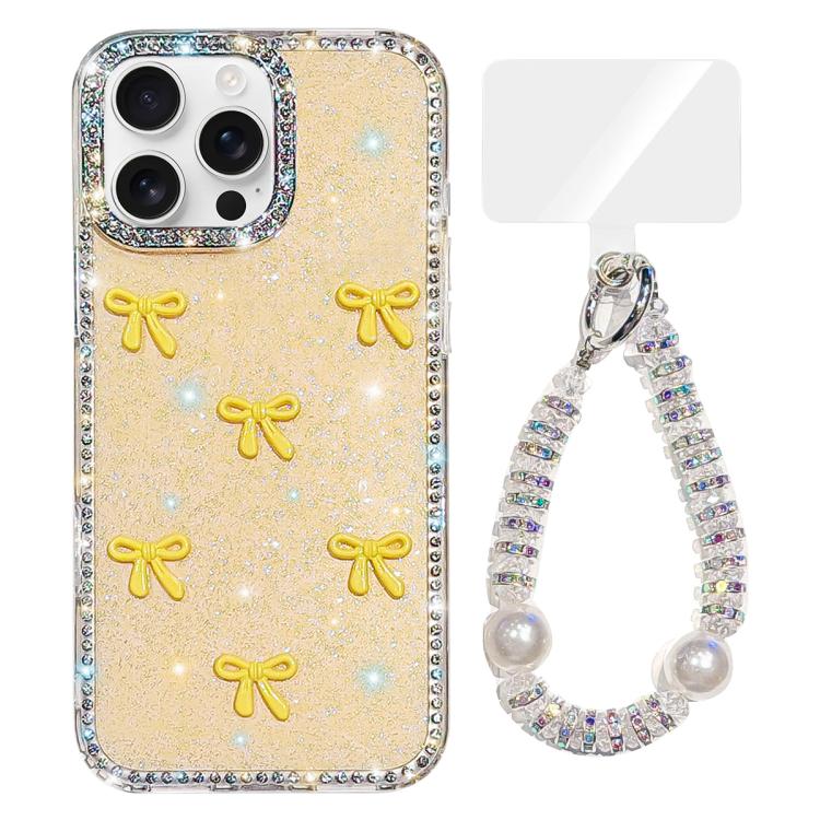 For iPhone 16 Pro Max Sparkling IMD Colorful Bow Phone Case with Bracelet