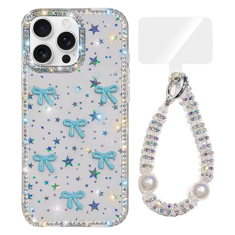 For iPhone 16 Pro Sparkling IMD Colorful Bow Phone Case with Bracelet
