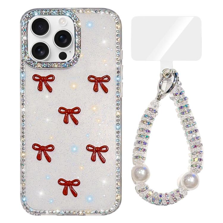 For iPhone 16 Pro Sparkling IMD Colorful Bow Phone Case with Bracelet
