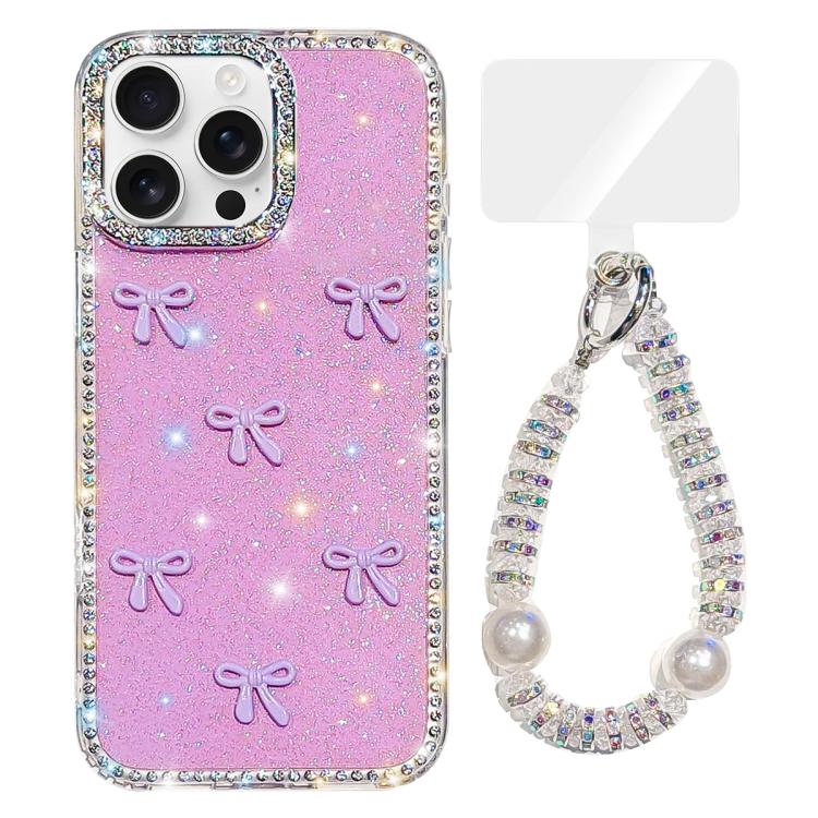 For iPhone 15 Pro Sparkling IMD Colorful Bow Phone Case with Bracelet