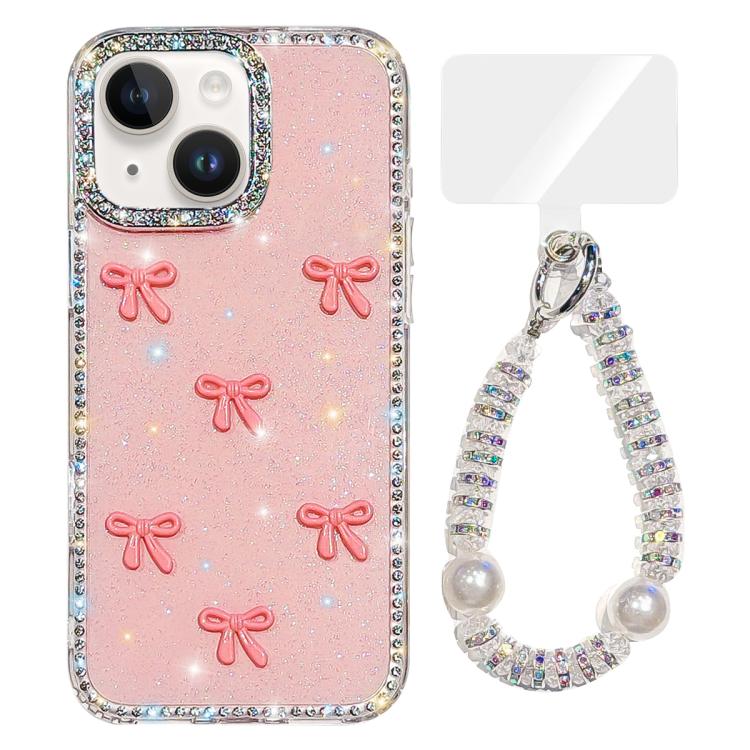 For iPhone 15 Sparkling IMD Colorful Bow Phone Case with Bracelet