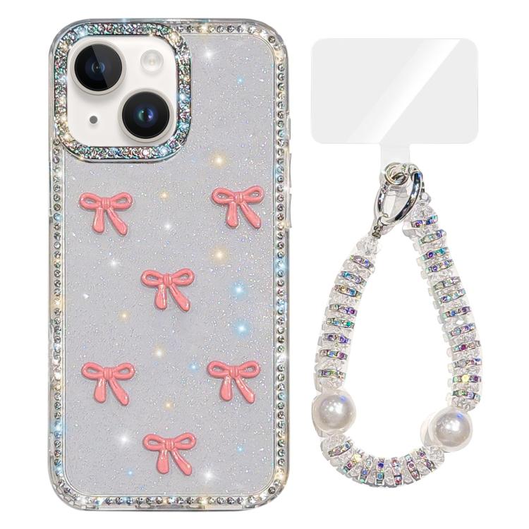 For iPhone 14 Sparkling IMD Colorful Bow Phone Case with Bracelet