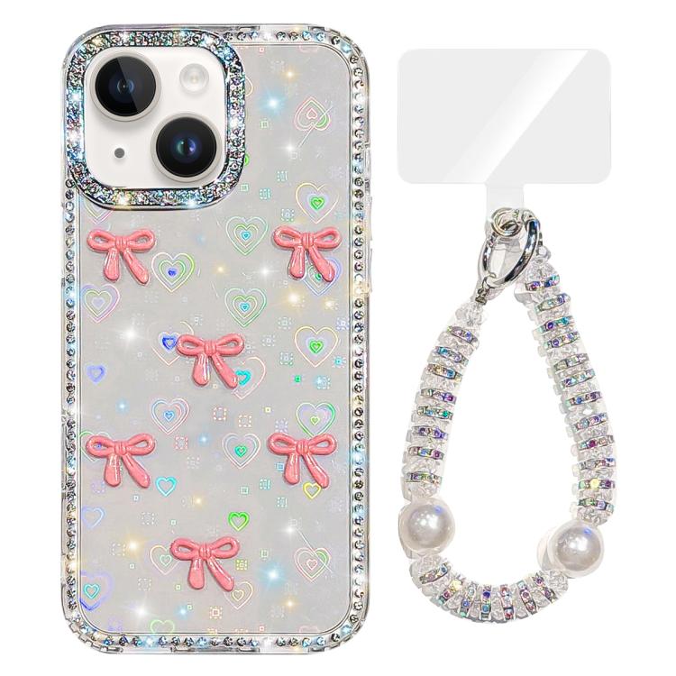 For iPhone 14 Sparkling IMD Colorful Bow Phone Case with Bracelet