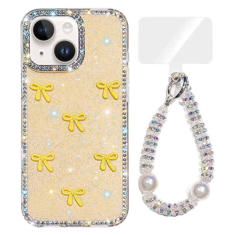 For iPhone 14 Sparkling IMD Colorful Bow Phone Case with Bracelet