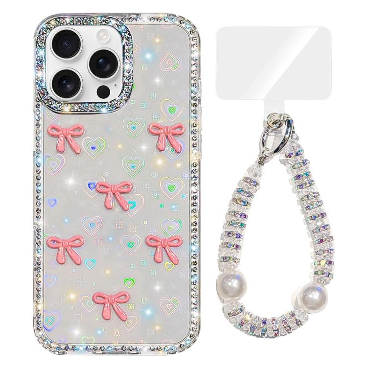 For iPhone 14 Pro Sparkling IMD Colorful Bow Phone Case with Bracelet
