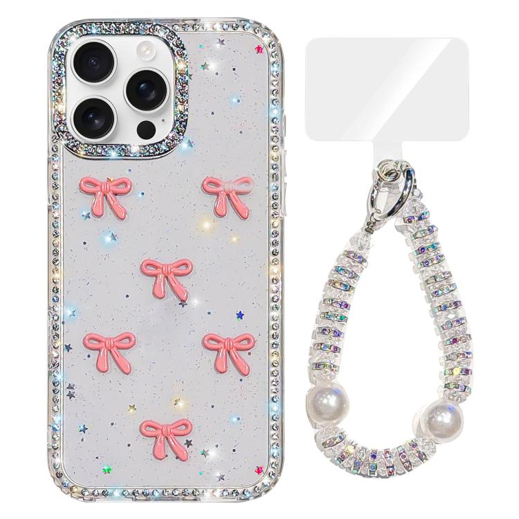 For iPhone 14 Pro Max Sparkling IMD Colorful Bow Phone Case with Bracelet