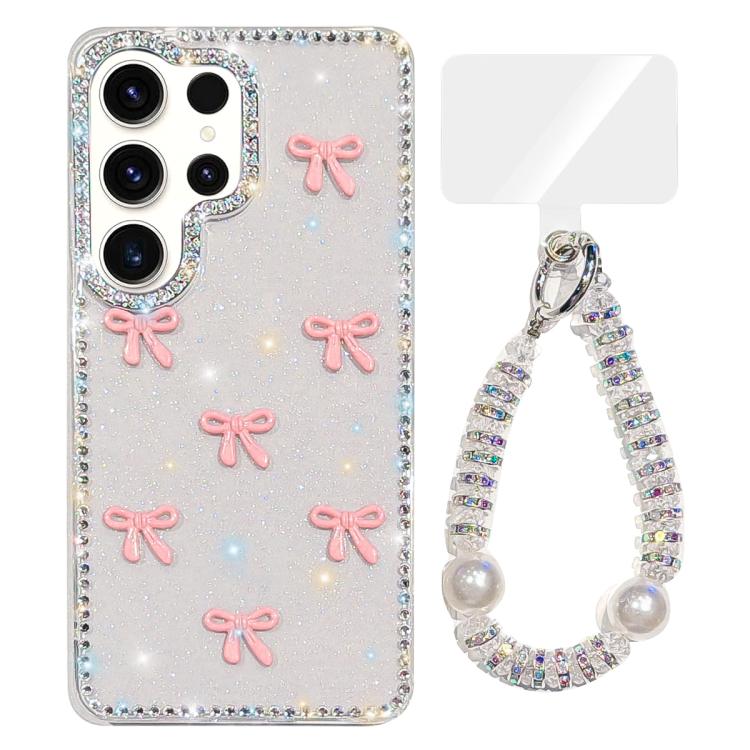 For Samsung Galaxy S23 Ultra 5G Sparkling IMD Colorful Bow Phone Case with Bracelet
