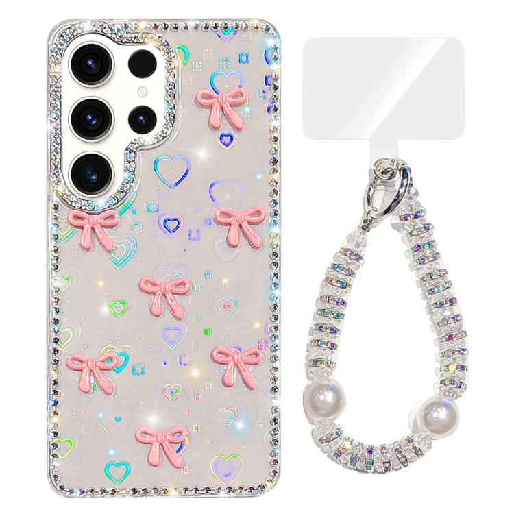 For Samsung Galaxy S23 Ultra 5G Sparkling IMD Colorful Bow Phone Case with Bracelet