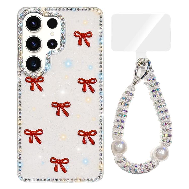 For Samsung Galaxy S23 Ultra 5G Sparkling IMD Colorful Bow Phone Case with Bracelet