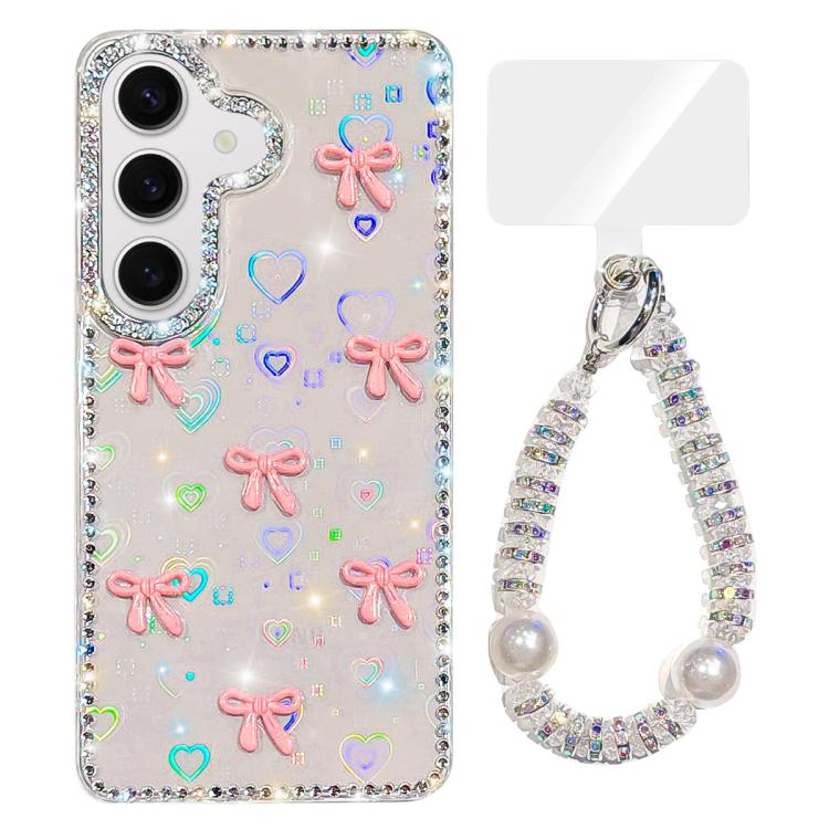 For Samsung Galaxy S24 5G Sparkling IMD Colorful Bow Phone Case with Bracelet