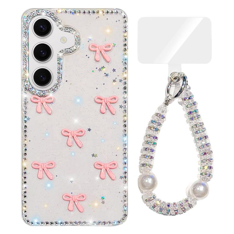 For Samsung Galaxy S24 5G Sparkling IMD Colorful Bow Phone Case with Bracelet