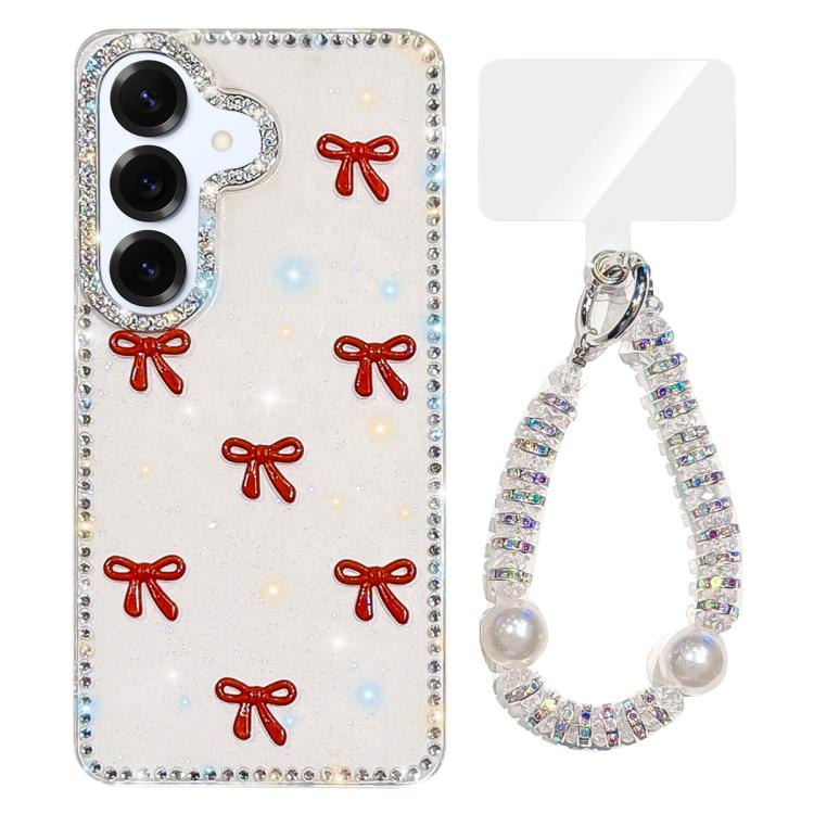 For Samsung Galaxy S25 5G Sparkling IMD Colorful Bow Phone Case with Bracelet