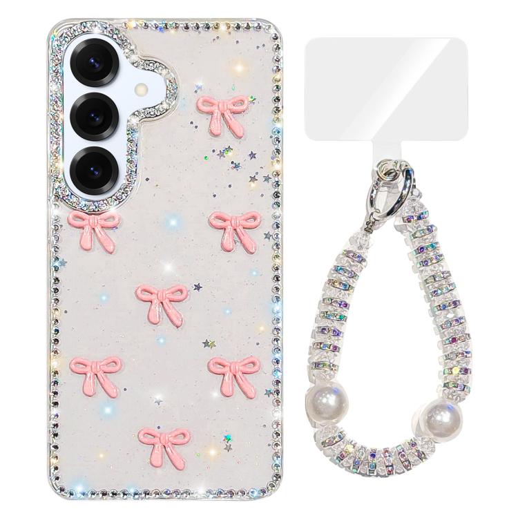 For Samsung Galaxy S25 5G Sparkling IMD Colorful Bow Phone Case with Bracelet