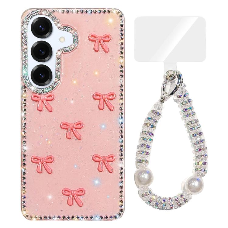 For Samsung Galaxy S25 5G Sparkling IMD Colorful Bow Phone Case with Bracelet