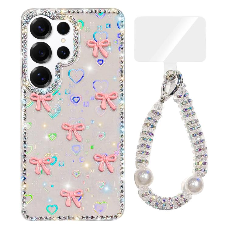 For Samsung Galaxy S25 Ultra 5G Sparkling IMD Colorful Bow Phone Case with Bracelet