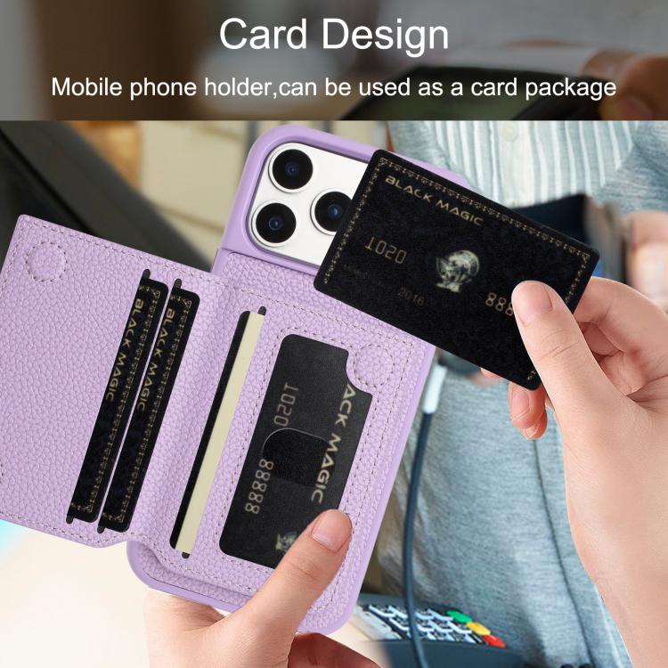 For iPhone 17 Pro Litchi Pattern Magnetic Card Bag Holder Phone Case