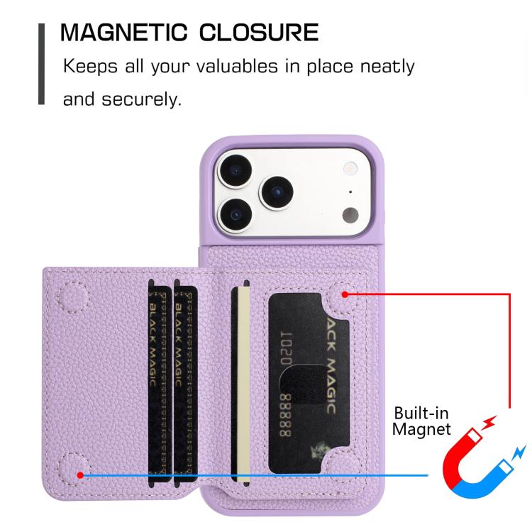 For iPhone 17 Pro Litchi Pattern Magnetic Card Bag Holder Phone Case