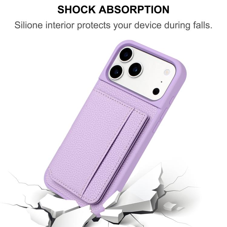 For iPhone 17 Pro Litchi Pattern Magnetic Card Bag Holder Phone Case