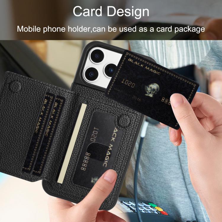 For iPhone 17 Pro Litchi Pattern Magnetic Card Bag Holder Phone Case