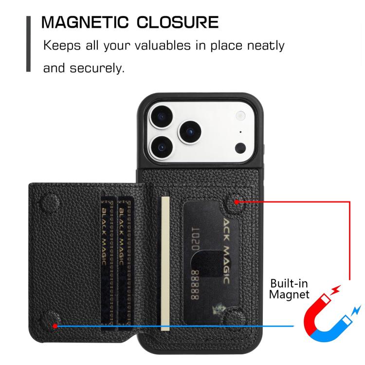 For iPhone 17 Pro Litchi Pattern Magnetic Card Bag Holder Phone Case