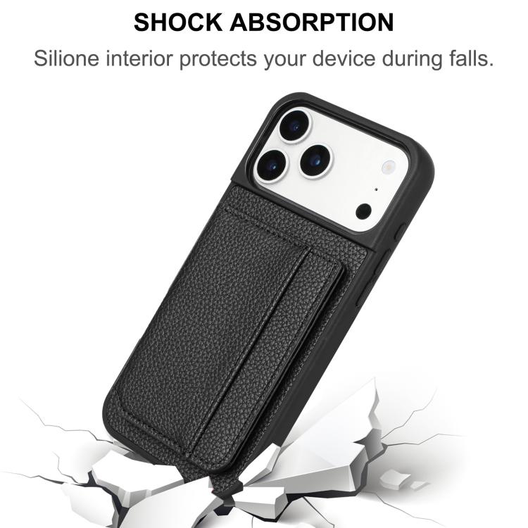 For iPhone 17 Pro Litchi Pattern Magnetic Card Bag Holder Phone Case