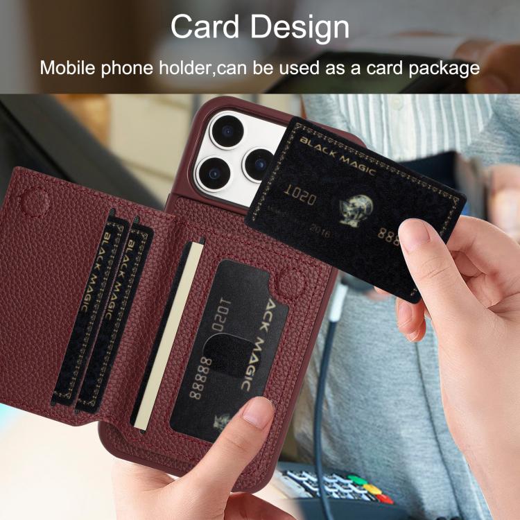 For iPhone 17 Pro Litchi Pattern Magnetic Card Bag Holder Phone Case