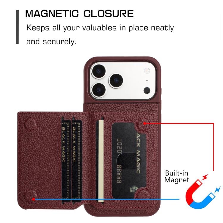 For iPhone 17 Pro Litchi Pattern Magnetic Card Bag Holder Phone Case