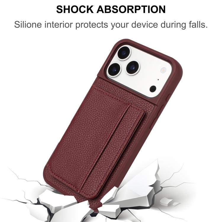 For iPhone 17 Pro Litchi Pattern Magnetic Card Bag Holder Phone Case