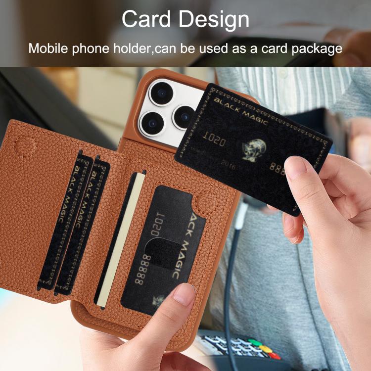 For iPhone 17 Pro Litchi Pattern Magnetic Card Bag Holder Phone Case