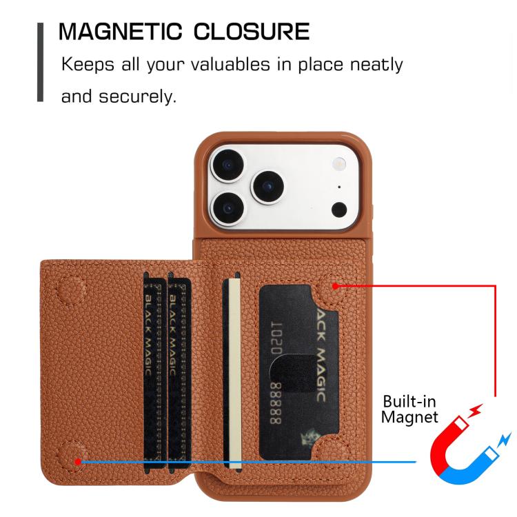 For iPhone 17 Pro Litchi Pattern Magnetic Card Bag Holder Phone Case