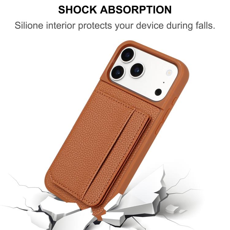 For iPhone 17 Pro Litchi Pattern Magnetic Card Bag Holder Phone Case