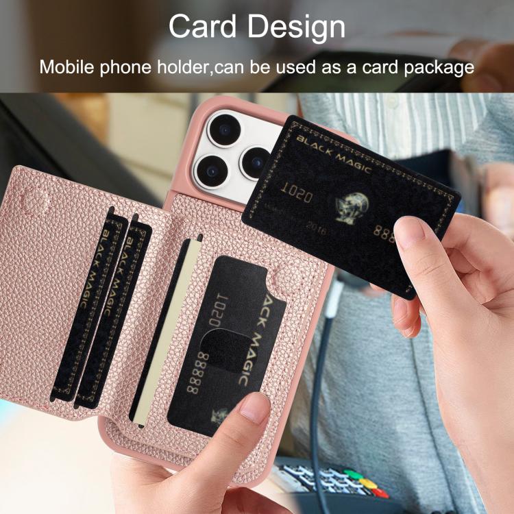 For iPhone 17 Pro Litchi Pattern Magnetic Card Bag Holder Phone Case