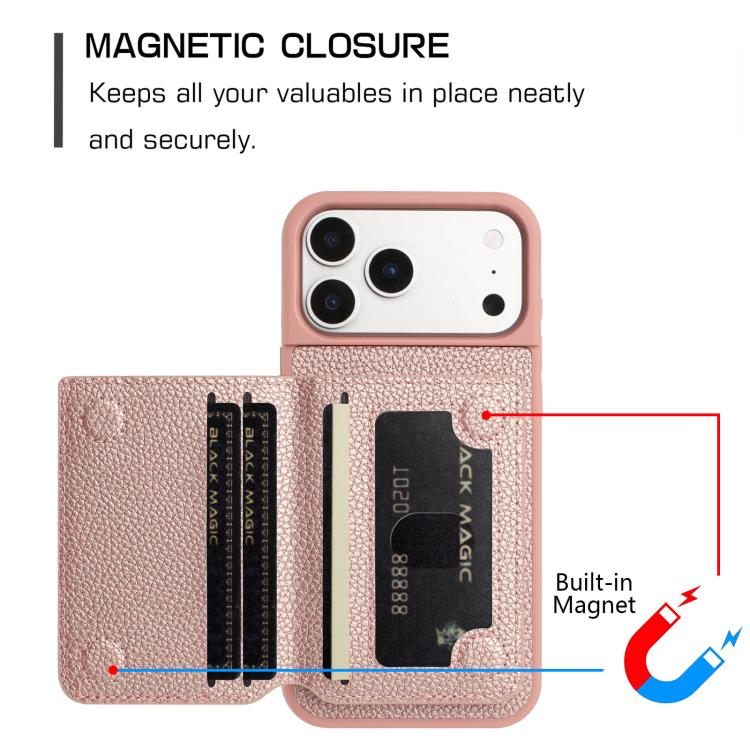 For iPhone 17 Pro Litchi Pattern Magnetic Card Bag Holder Phone Case
