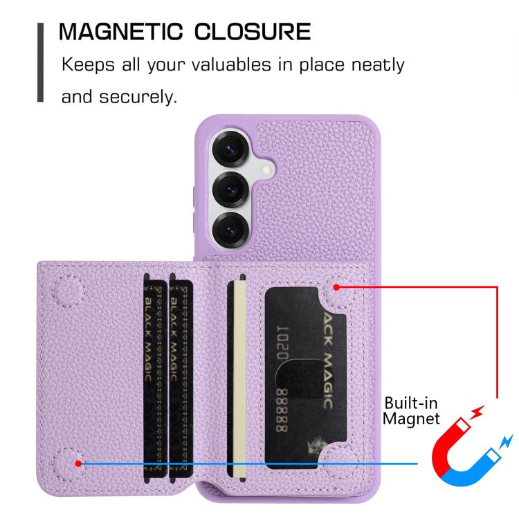 For Samsung Galaxy S25 5G Litchi Pattern Magnetic Card Bag Holder Phone Case