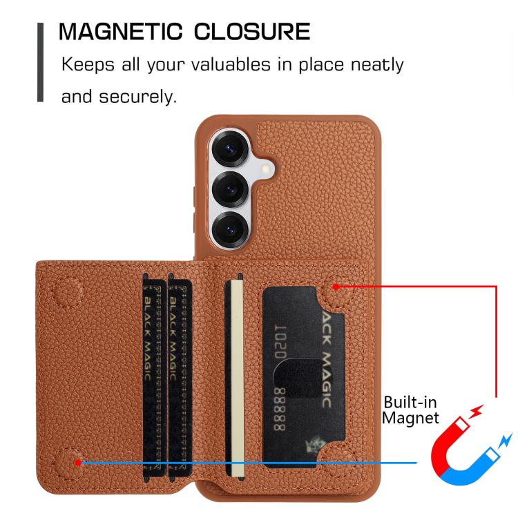 For Samsung Galaxy S25 5G Litchi Pattern Magnetic Card Bag Holder Phone Case