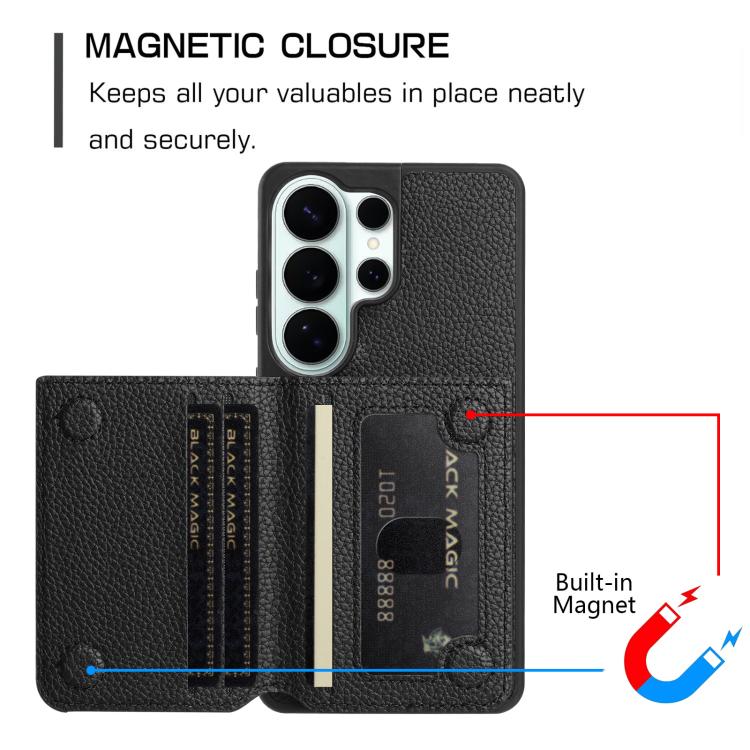 For Samsung Galaxy S25 Ultra 5G Litchi Pattern Magnetic Card Bag Holder Phone Case