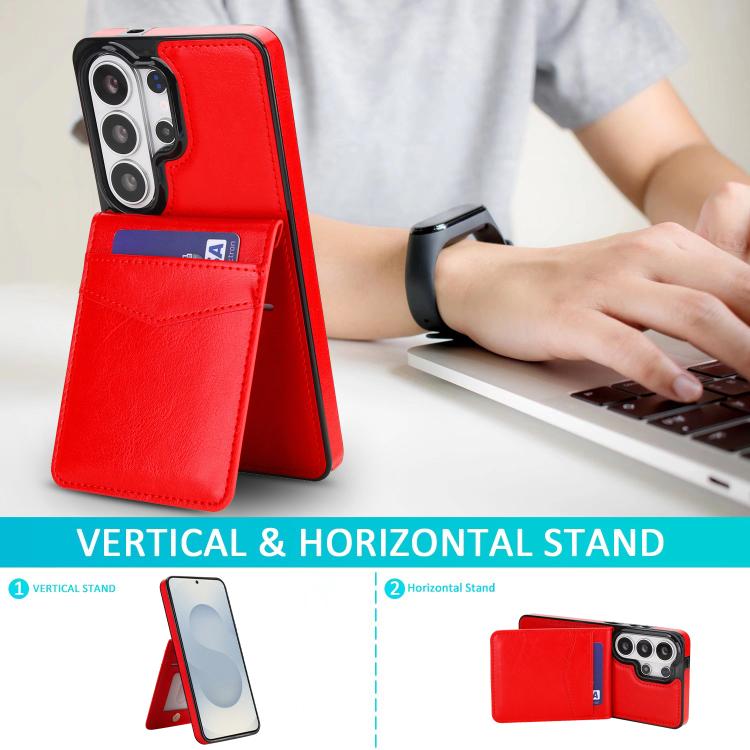 For Samsung Galaxy S26 Ultra 5G Solid Color Card Slots Bracket PU Phone Case