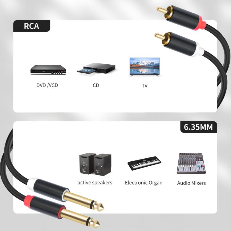 2 RCA to 2x6.35mm Male Mixing Consoles Audio Connection Cables, Length:5m - Black