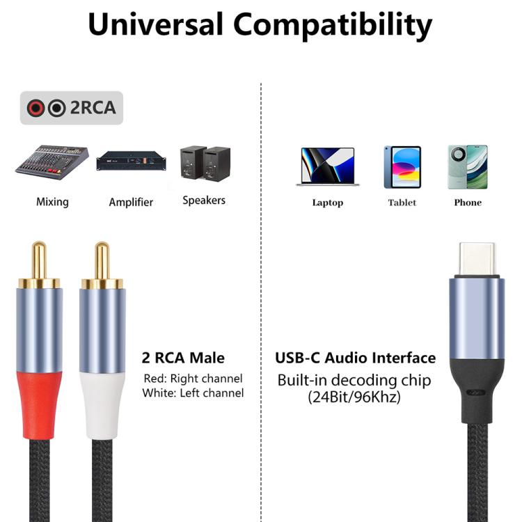 24-bit Type-C to Dual RCA Male Audio Decoding Cable, Length:2m - Black