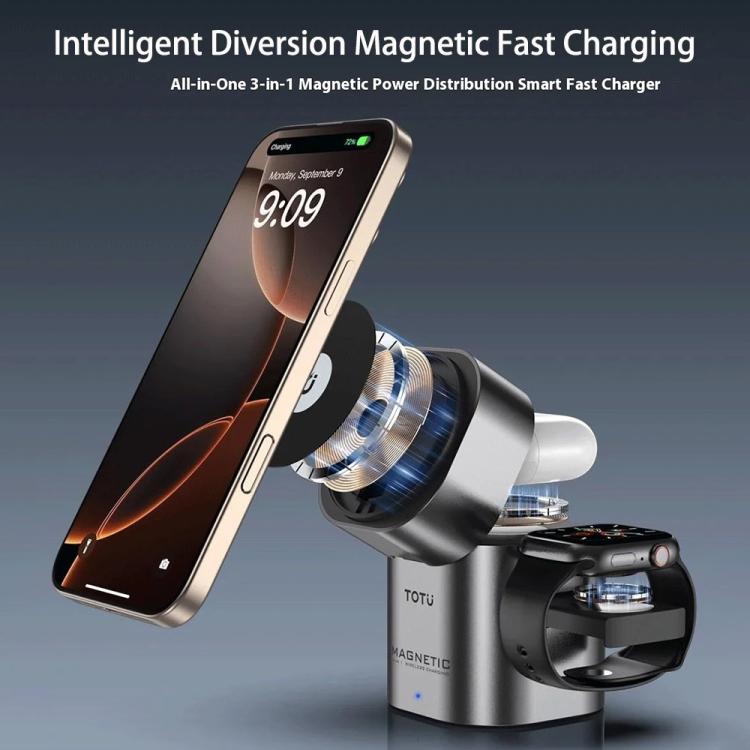 TOTU CW-10-W Wireless Charging Station 3 in 1 Rotating Magnetic Charger Dock for Phone Earbuds Watch - Black