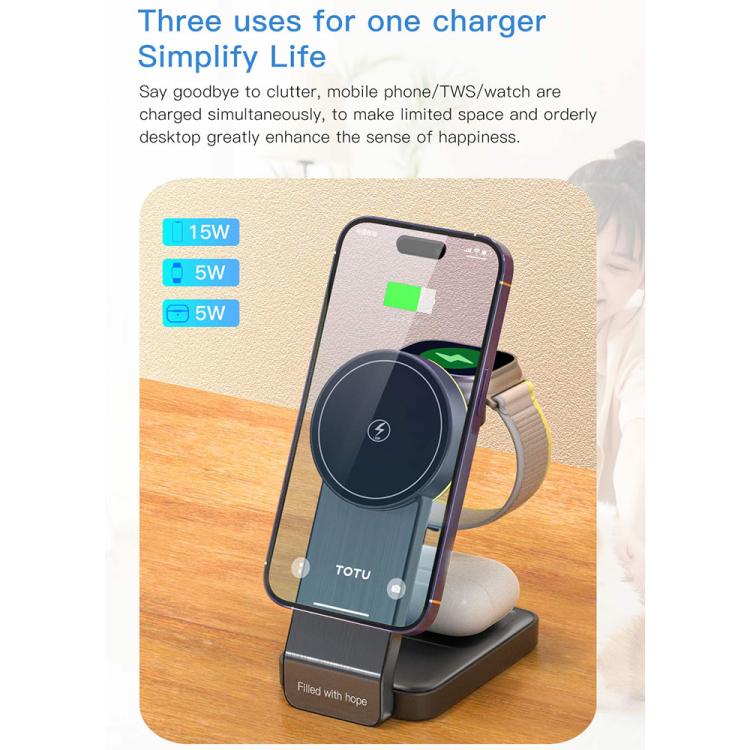 TOTU CW-1-W 3 in 1 Magnetic Wireless Charger Dock for Phone Earbuds Watch - Rose Gold