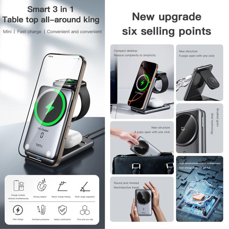 TOTU CW-4-W Wireless Charging Station 3 in 1 Magnetic Folding Charger Stand for Phone Watch Earbuds - Grey