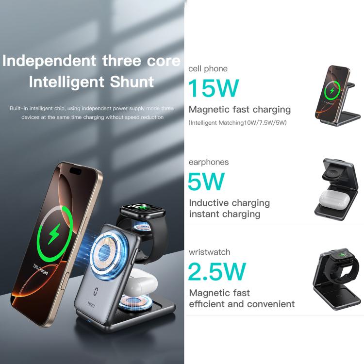 TOTU CW-4-W Wireless Charging Station 3 in 1 Magnetic Folding Charger Stand for Phone Watch Earbuds - Grey