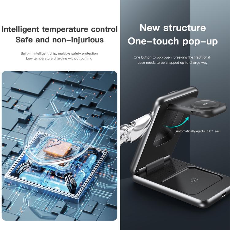 TOTU CW-4-W Wireless Charging Station 3 in 1 Magnetic Folding Charger Stand for Phone Watch Earbuds - Grey