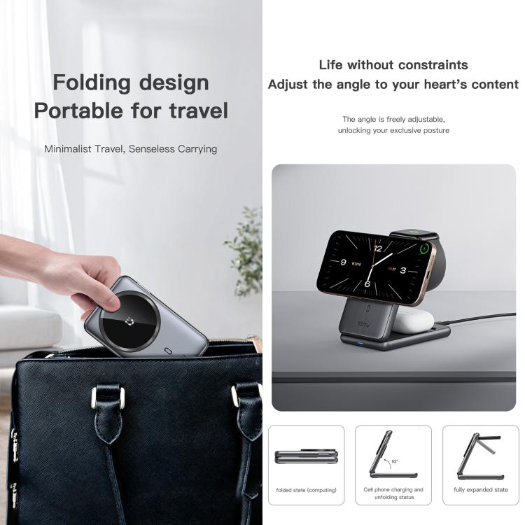 TOTU CW-4-W Wireless Charging Station 3 in 1 Magnetic Folding Charger Stand for Phone Watch Earbuds - Grey